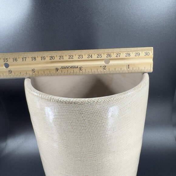 1980s Pottery Linen Straight Sided Vase in Beige on Cream Ceramic Vessel W Tag - Picture 4 of 10
